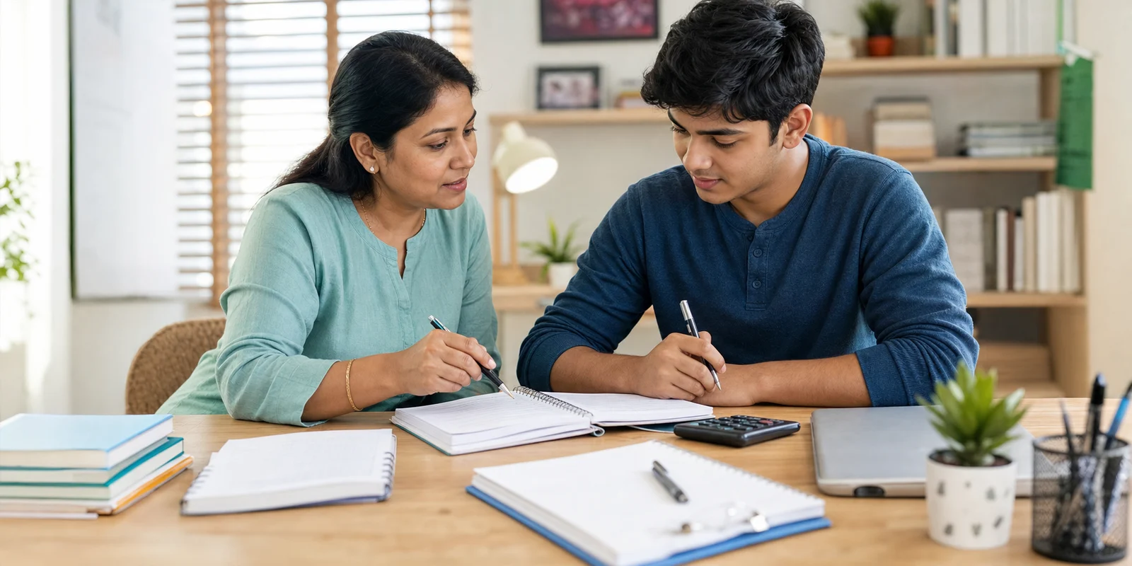A parent and commerce student calmly reviewing study notebooks before choosing tuition