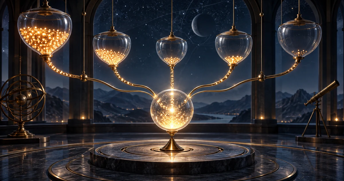 Unequal streams of golden light from glass vessels converge at one glowing balance point