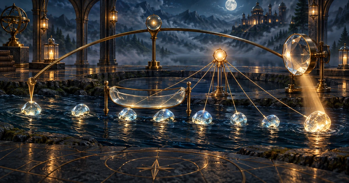 Four brass and glass instruments measuring the same scattered lights across a midnight river