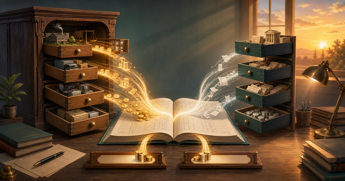 A central ledger receiving streams of assets, liabilities, and coins from open accounting drawers during partnership dissolution