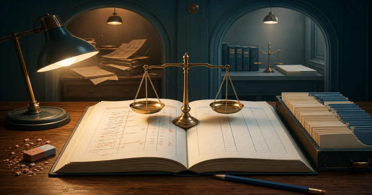 A ledger courtroom where debit and credit columns are examined under a warm lamp before being balanced