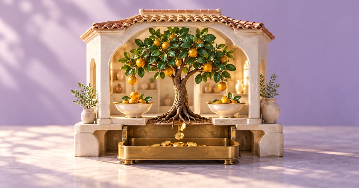 A miniature shop supports a fruit tree, with rent tokens at its foundation and two bowls receiving its fruit