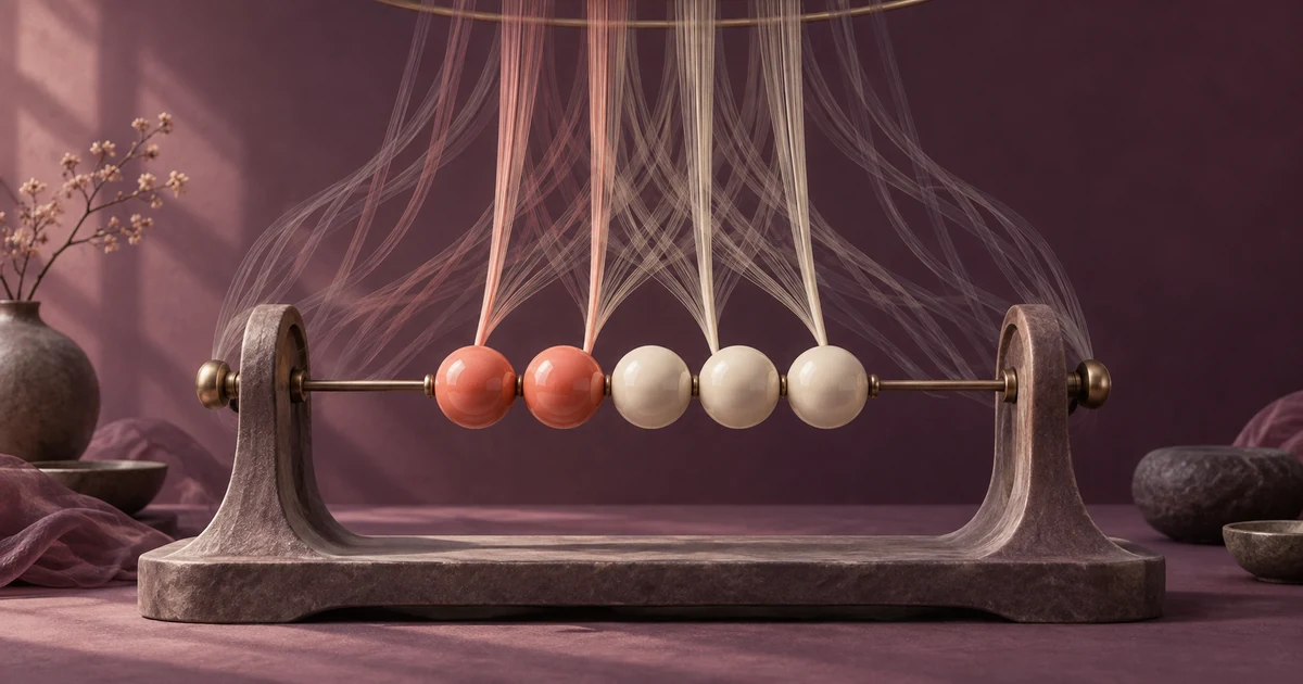 Silk threads converge on a loom holding two coral and three cream beads, suggesting many paths to one visible pattern