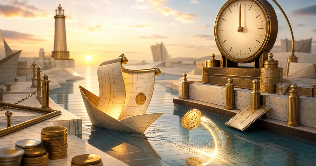 A bill of exchange arriving early at a quiet harbour, with a clock, ledger pages, and a small glowing rebate coin