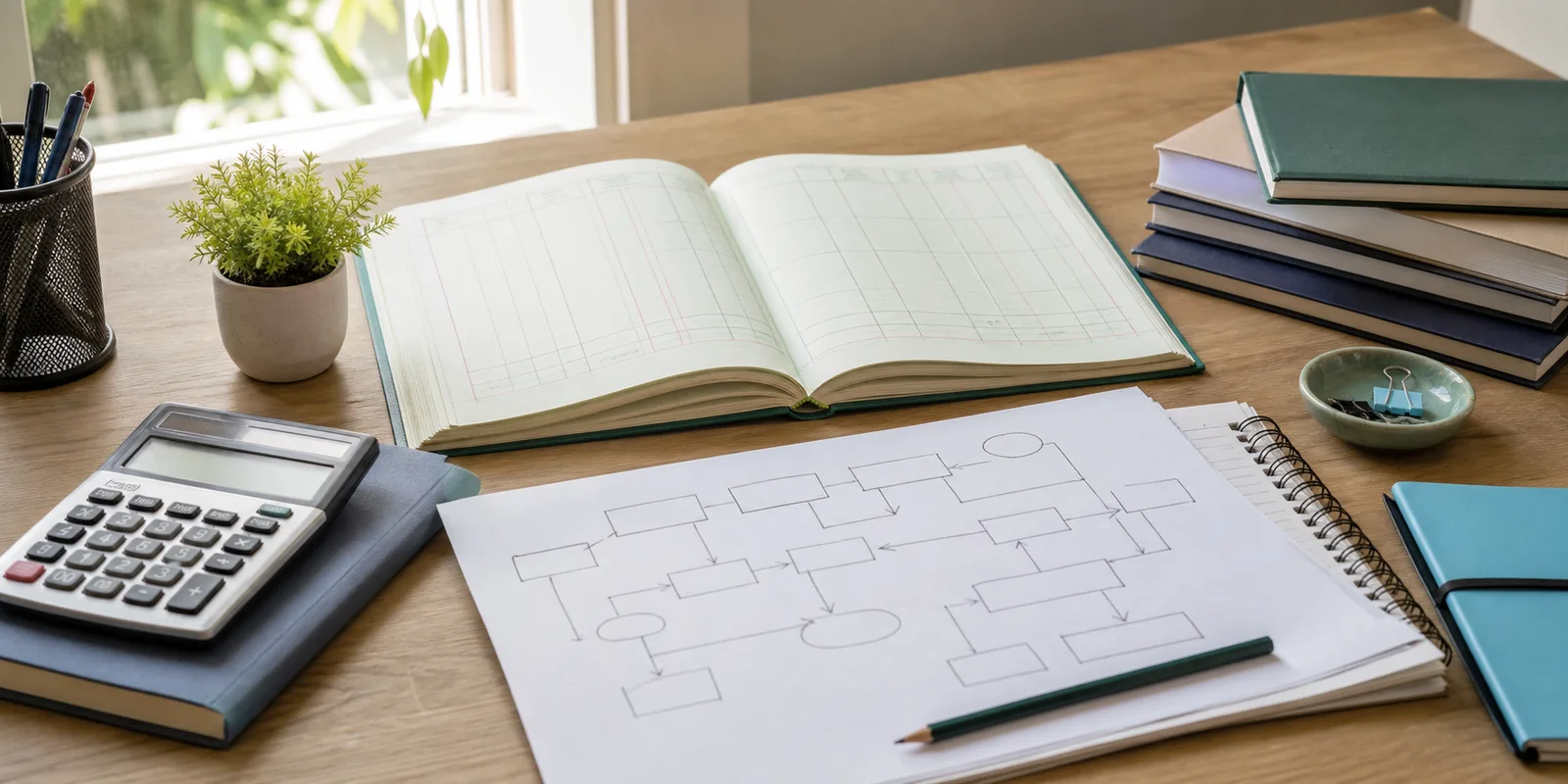 An organised accountancy study desk with a ledger notebook, calculator, and partnership account flow chart