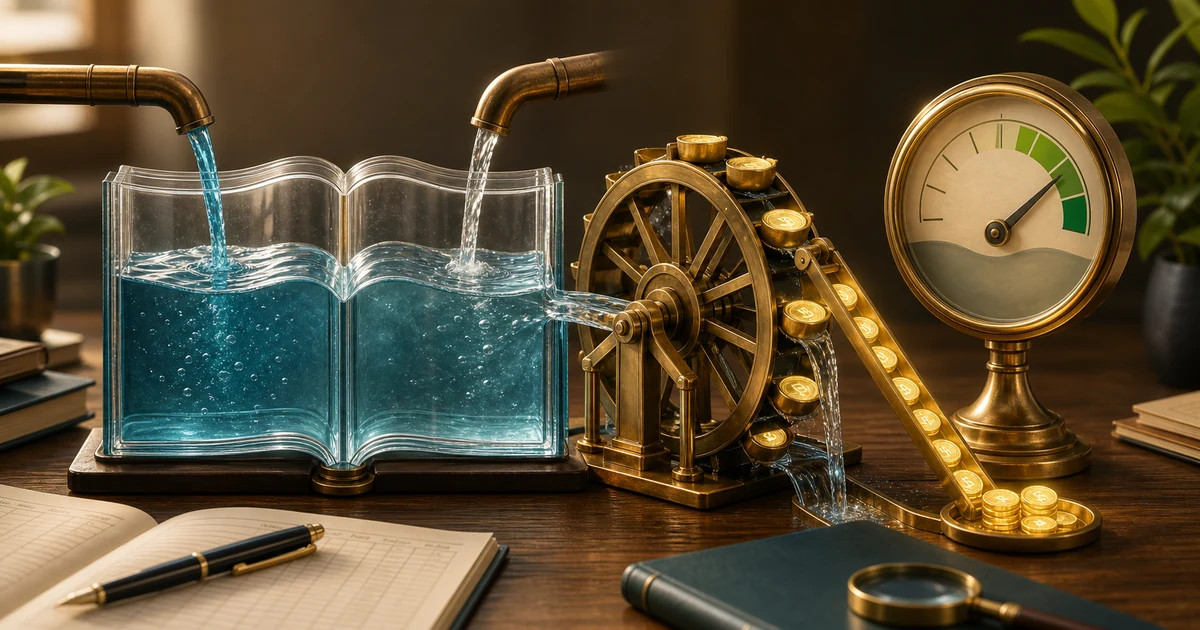 A glass ledger reservoir of capital turning a brass wheel that lifts profit coins toward a return gauge