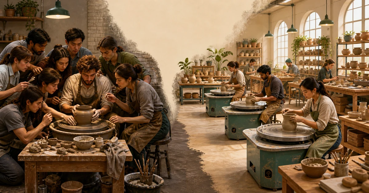 A pottery workshop showing crowded workers around one wheel beside a larger workshop scaled with more wheels and tools