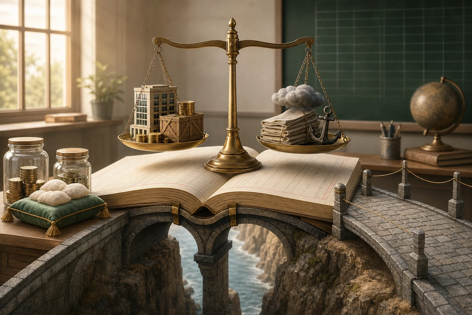 A brass balance scale on an open ledger with assets, liabilities, reserves, and provisions shown as classroom objects
