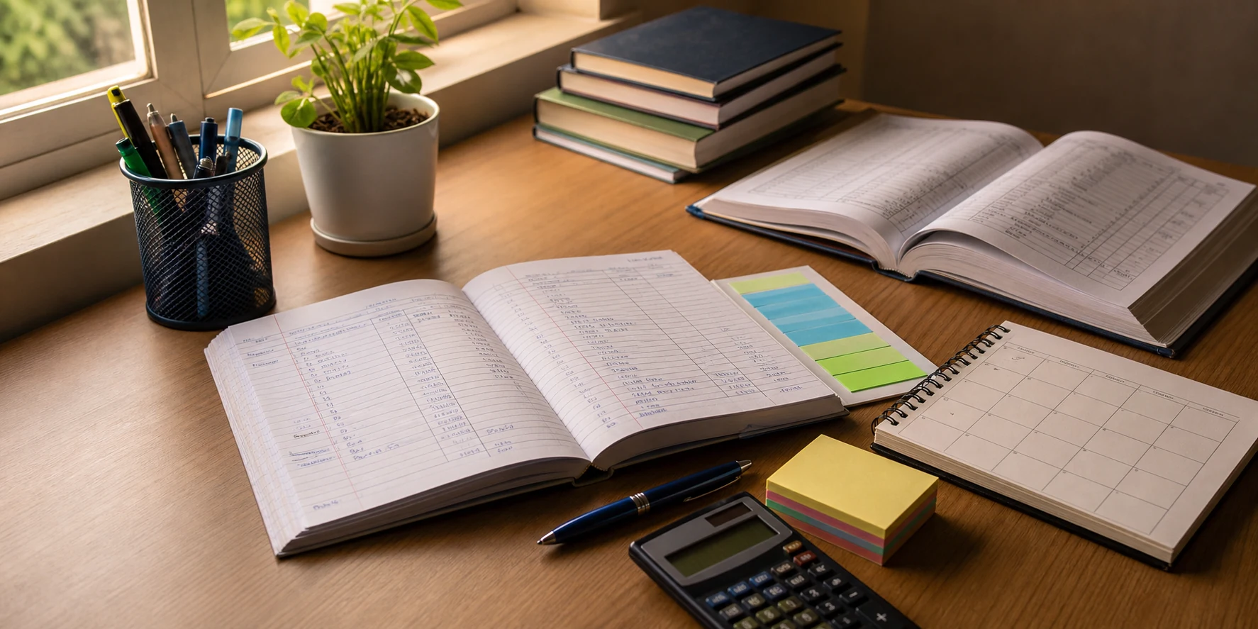 A Class 12 Accountancy notebook, calculator, planner, and revision checklist arranged on a calm study desk