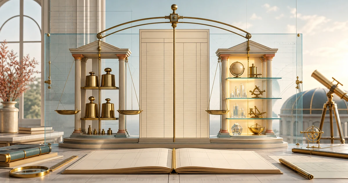 A balanced brass ledger observatory showing two organised wings of a company balance sheet