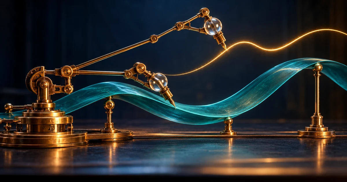 Two linked brass tracing arms follow a teal ribbon and trace a golden curve above it