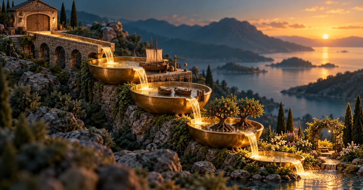 Golden water flows through four successive aqueduct bowls towards a harbour, lending vessels, orchard roots and a shared garden