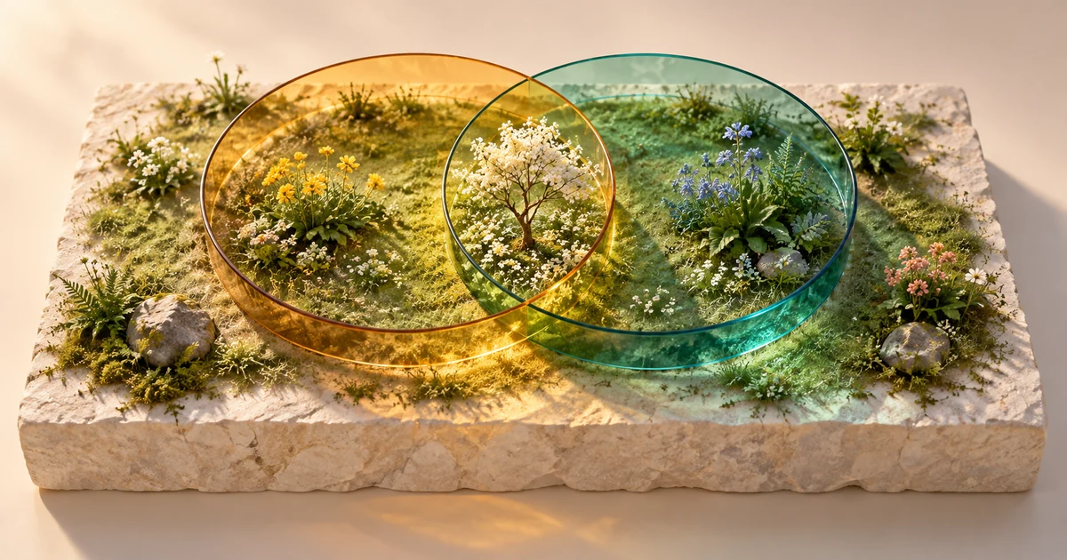 Overlapping amber and teal glass gardens share a flowering tree on one continuous meadow