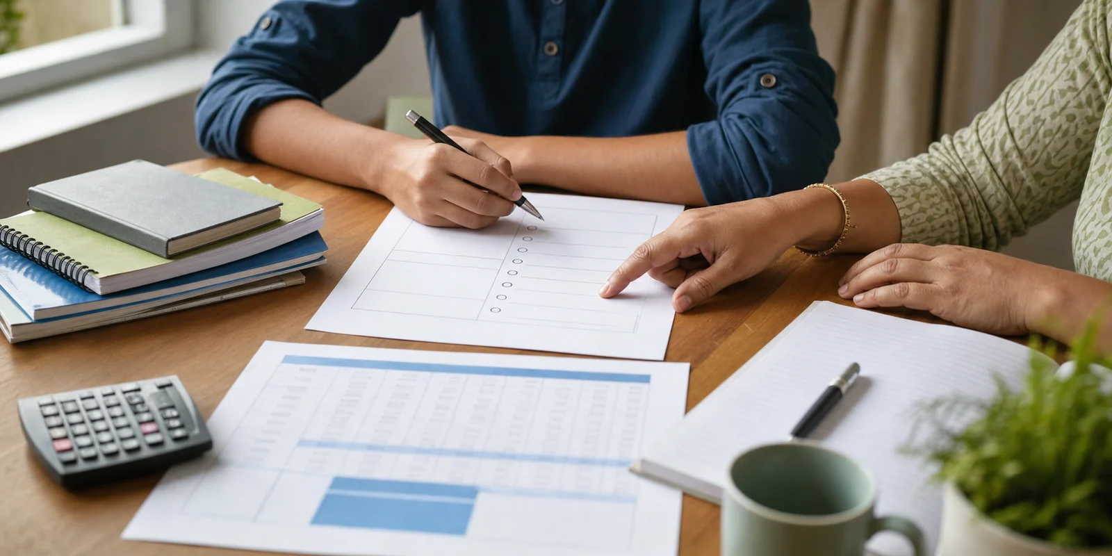 A student and parent calmly reviewing subject choices at a study table with notebooks, papers, and a calculator