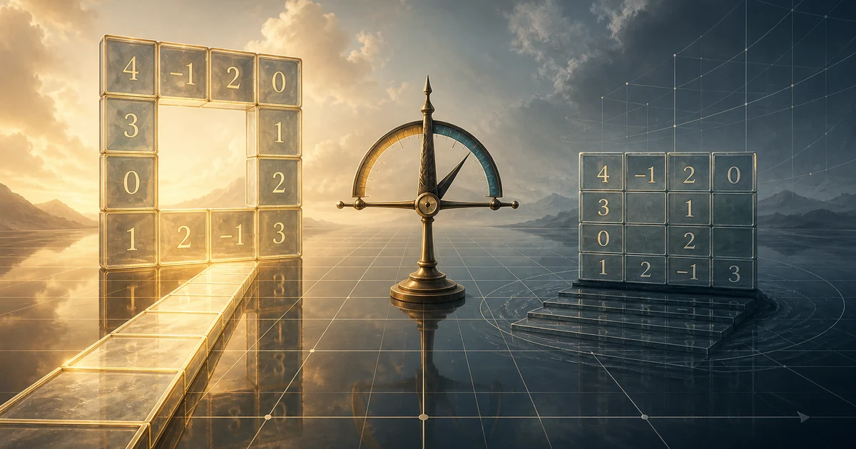 A golden matrix bridge standing beside a collapsed matrix gate on a reflective coordinate grid