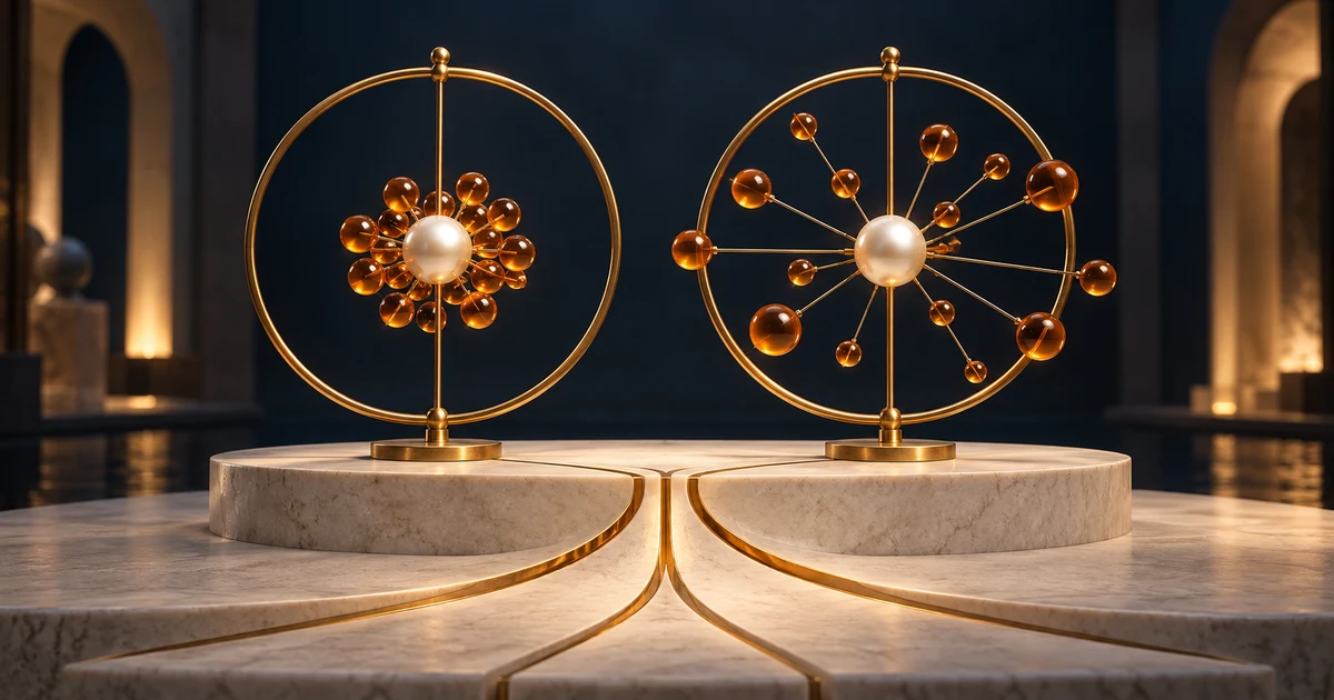 Two brass rings hold amber spheres tightly clustered and widely spread around glowing pearls, illustrating different amounts of dispersion