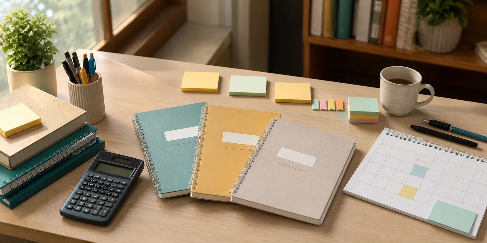 A calm study desk with commerce notebooks, a calculator, sticky notes, and a monthly planner