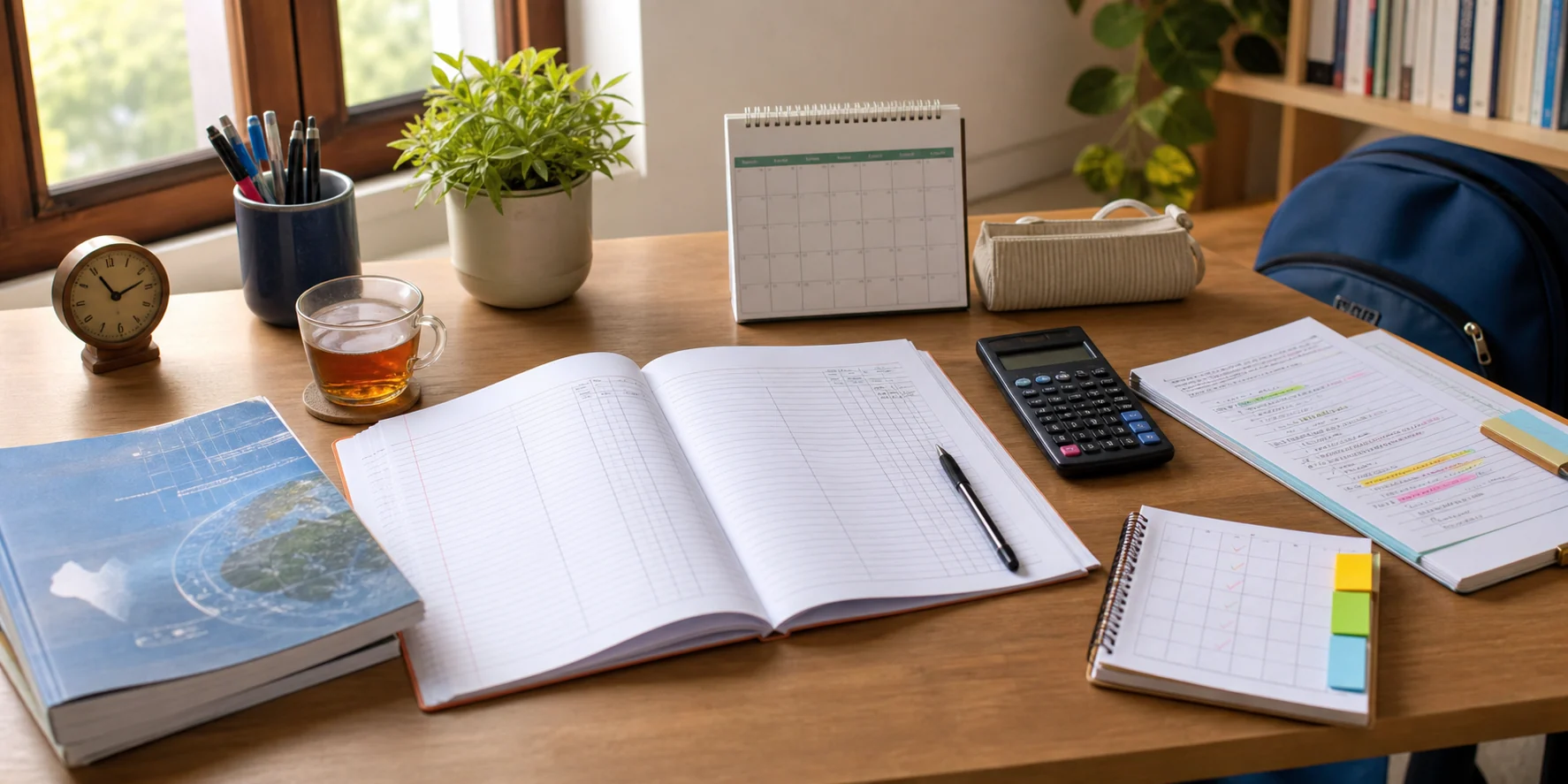 A neat Class 12 commerce study desk with an open Accountancy notebook, calculator, planner, and study books