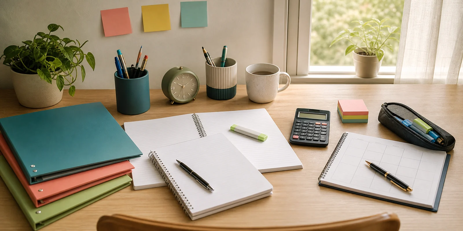 A calm commerce study desk with notebooks, folders, calculator, planner, and pens for rebuilding study basics