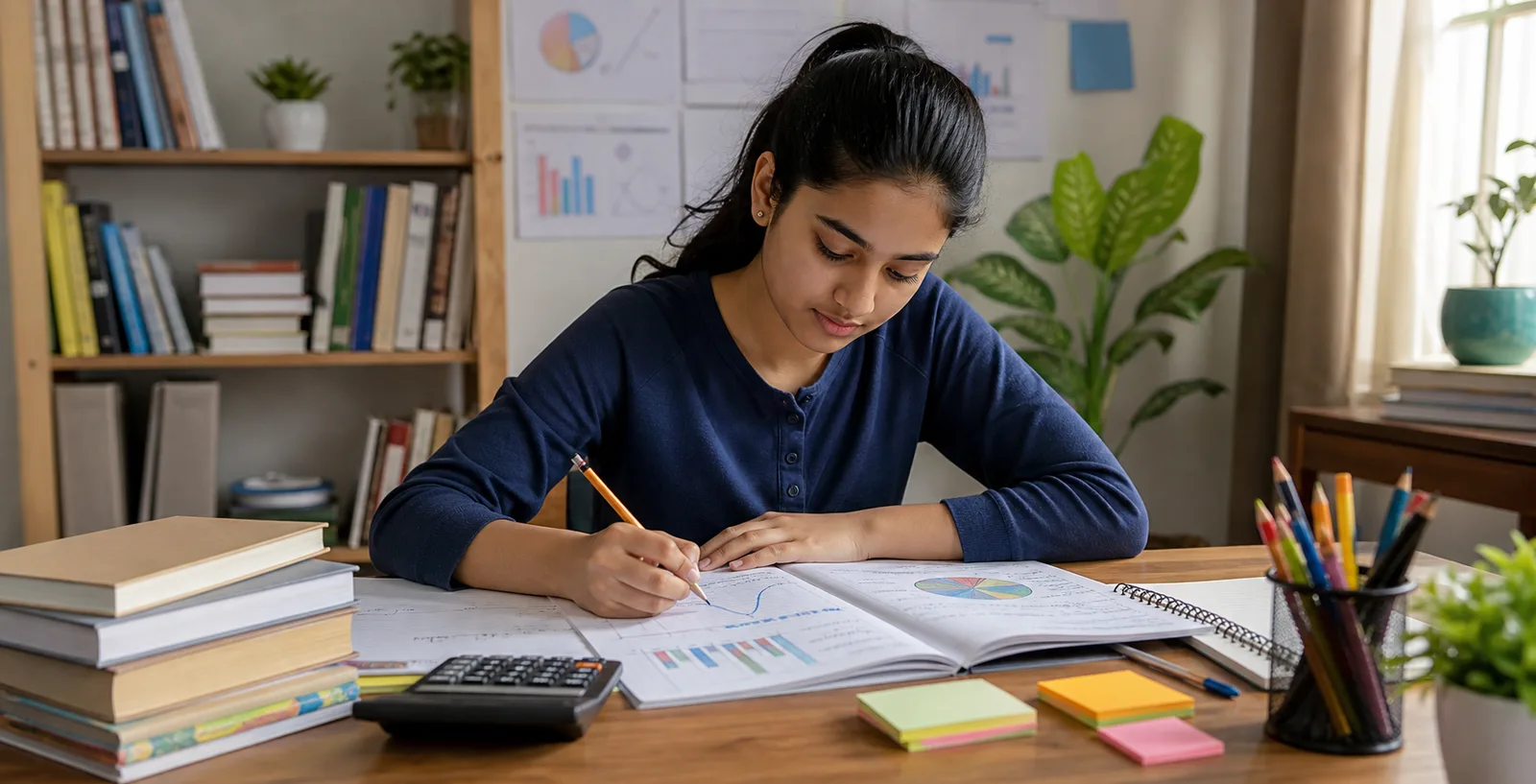 Class 11 commerce student studying economics statistics with charts and a calculator
