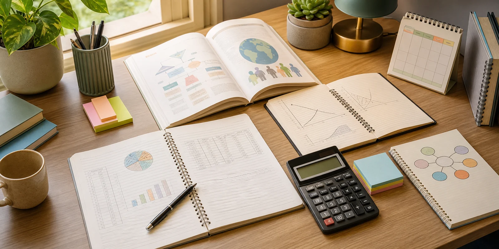 A calm commerce study desk with notebooks, graphs, calculator, sticky notes, and a weekly planner