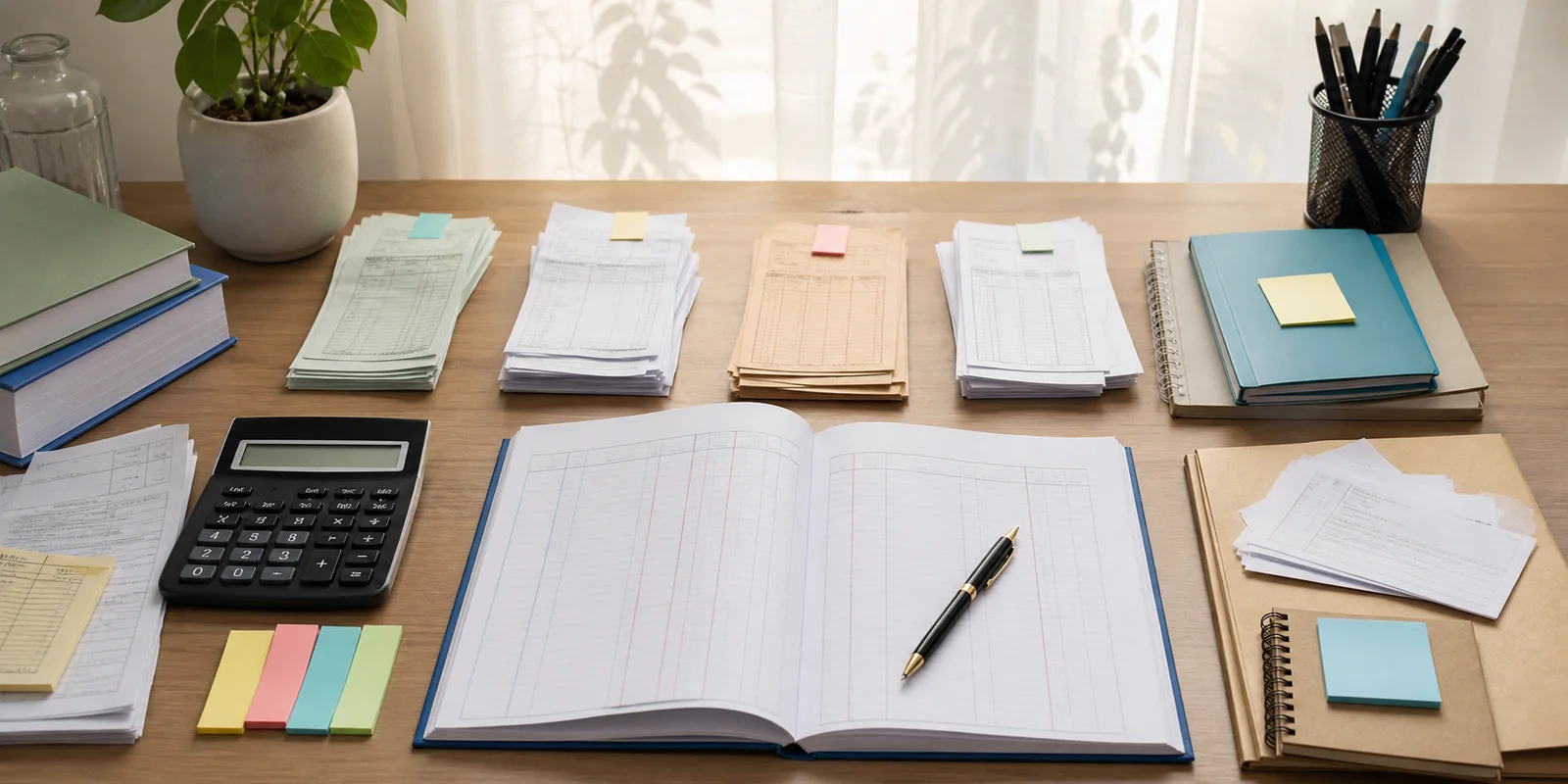 An accountancy study desk with organized transaction papers, an open notebook, sticky notes, and a calculator