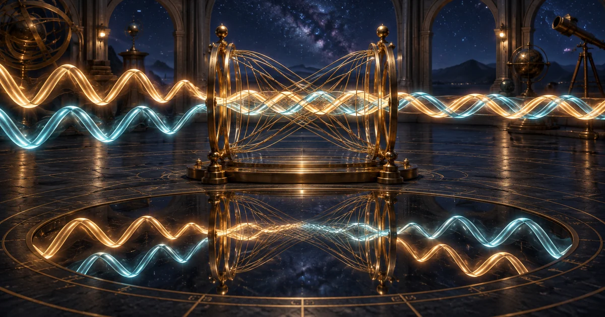 Amber and teal light waves weaving through a brass instrument and separating again in its reflection