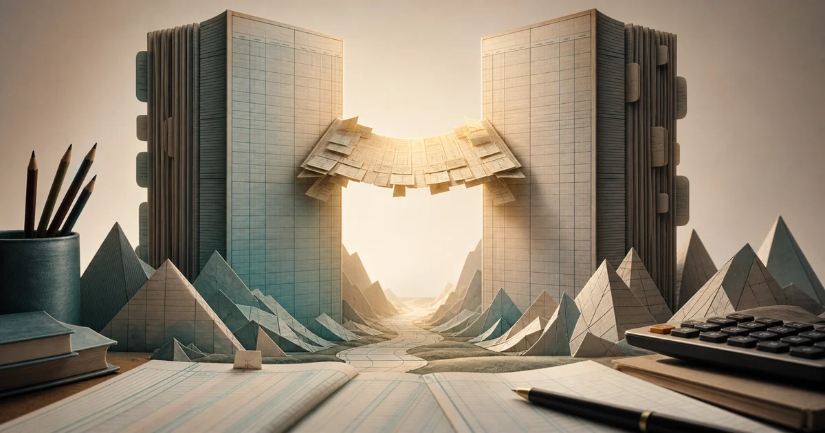 A bridge of ledger columns leading across a gap in a trial balance, showing suspense account as a temporary crossing