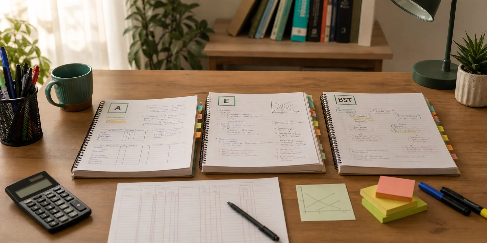 Organised Class 11 commerce notebooks for Accountancy, Economics, and Business Studies on a study desk