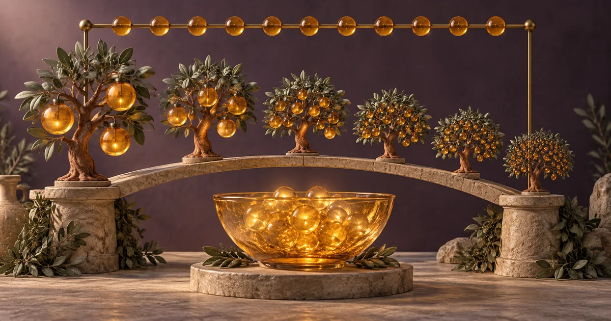 An amber orchard with increasingly small fruits above a glowing bowl, beside a rail of equal-sized beads
