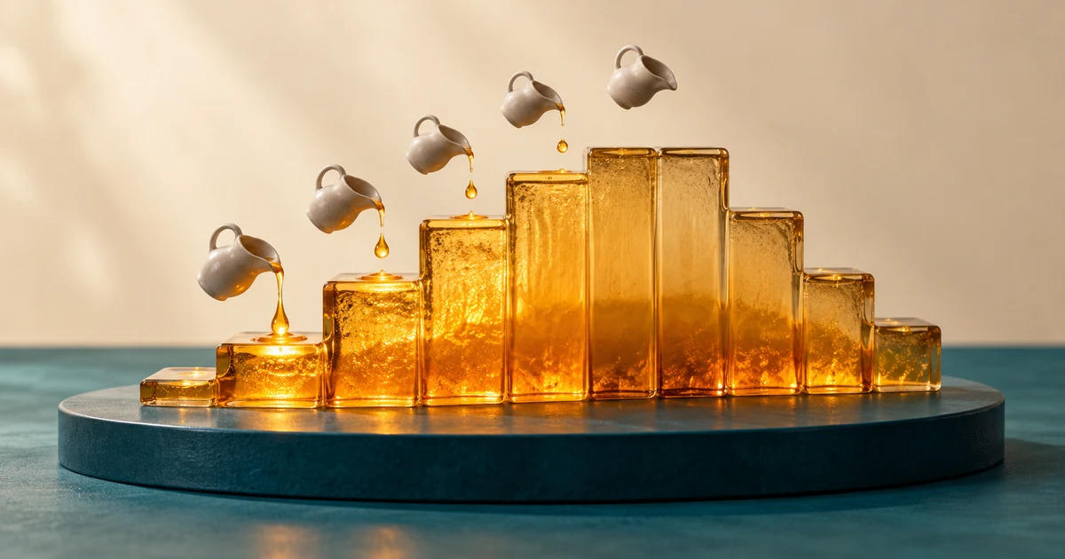 Amber glass steps rise by smaller amounts toward a level summit beneath tiny pitchers of light