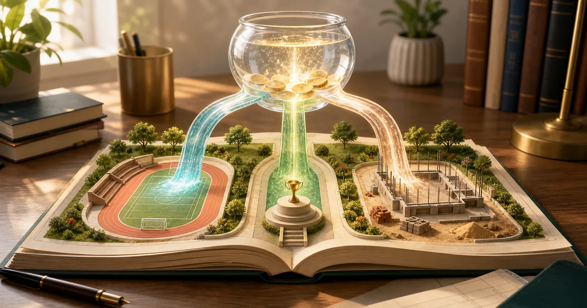 An accounting ledger turning into a community garden with separate streams flowing to a sports arena, prize pedestal, and building foundation