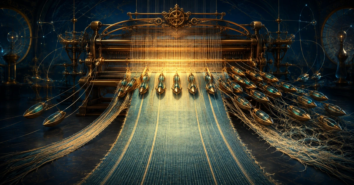 A fixed brass loom weaving its widest cloth at a balanced rhythm before excess shuttles tangle the threads