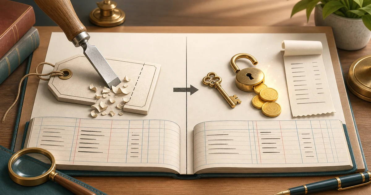 A carved price tag and a golden key show trade discount and cash discount flowing into a ledger