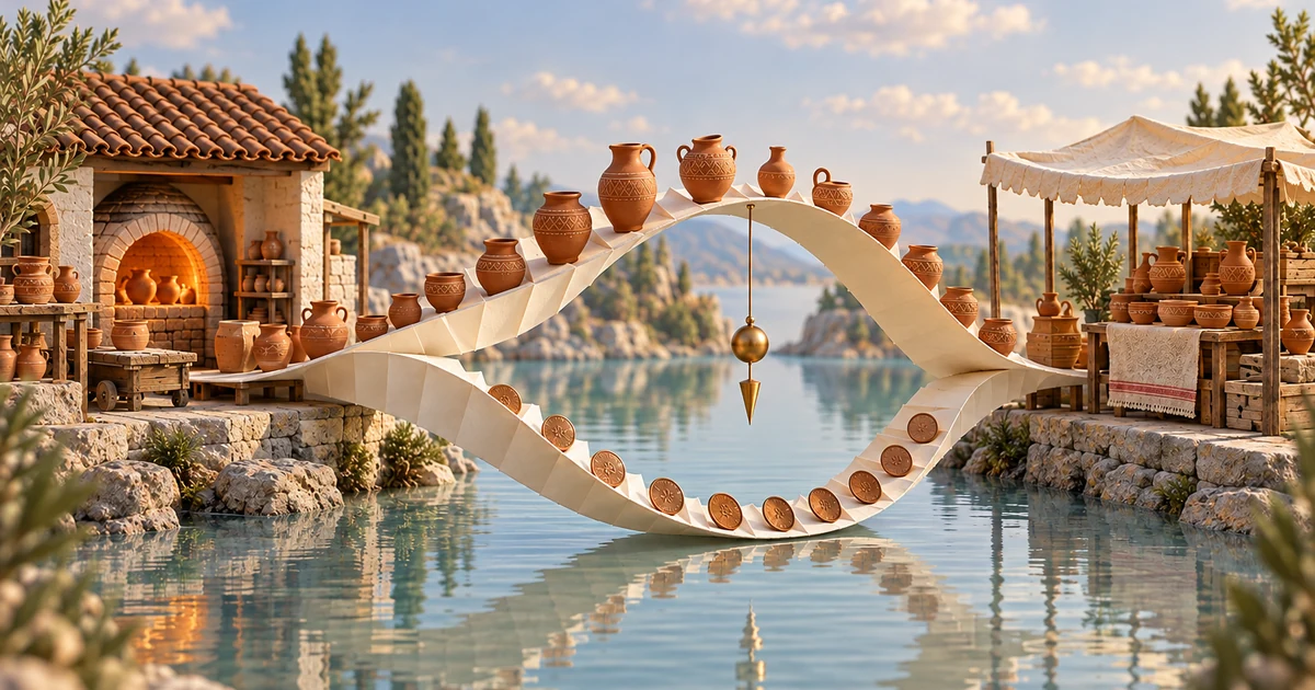 A paper bridge carries pottery from a kiln to a shop while coins return beneath a pendulum