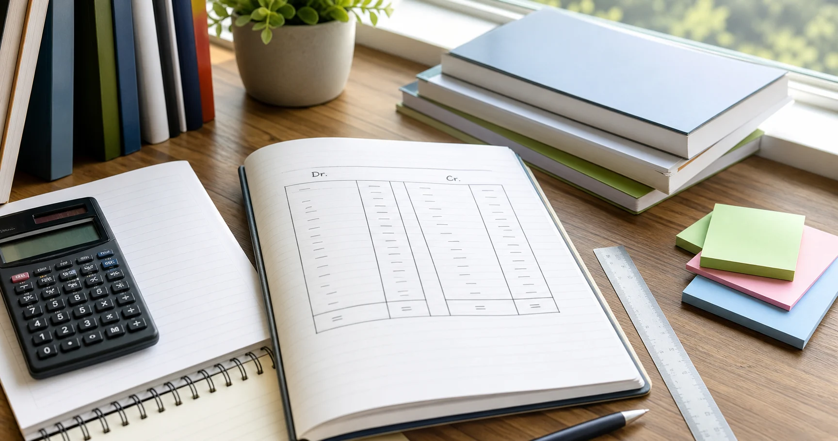A neat accountancy study desk with a notebook showing debit and credit columns for trial balance practice