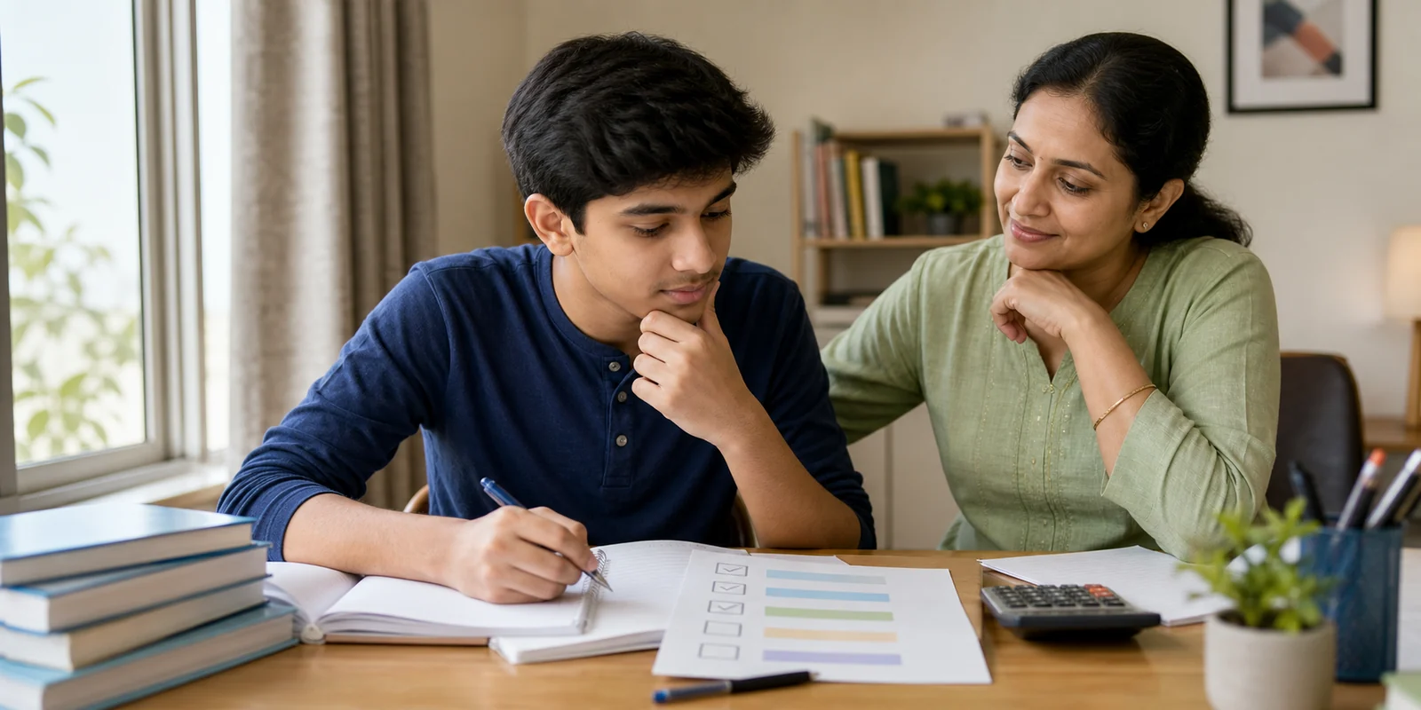 A Class 10 student and parent calmly reviewing Commerce subject choices at a study table