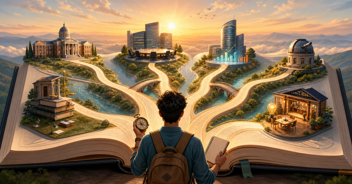 A commerce student standing before an open ledger that turns into many career paths leading to different professional destinations