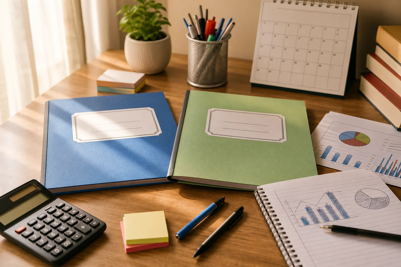 A Class 12 commerce student planning Accountancy and Economics project files with notes, charts, a calculator, and a calendar on a study desk