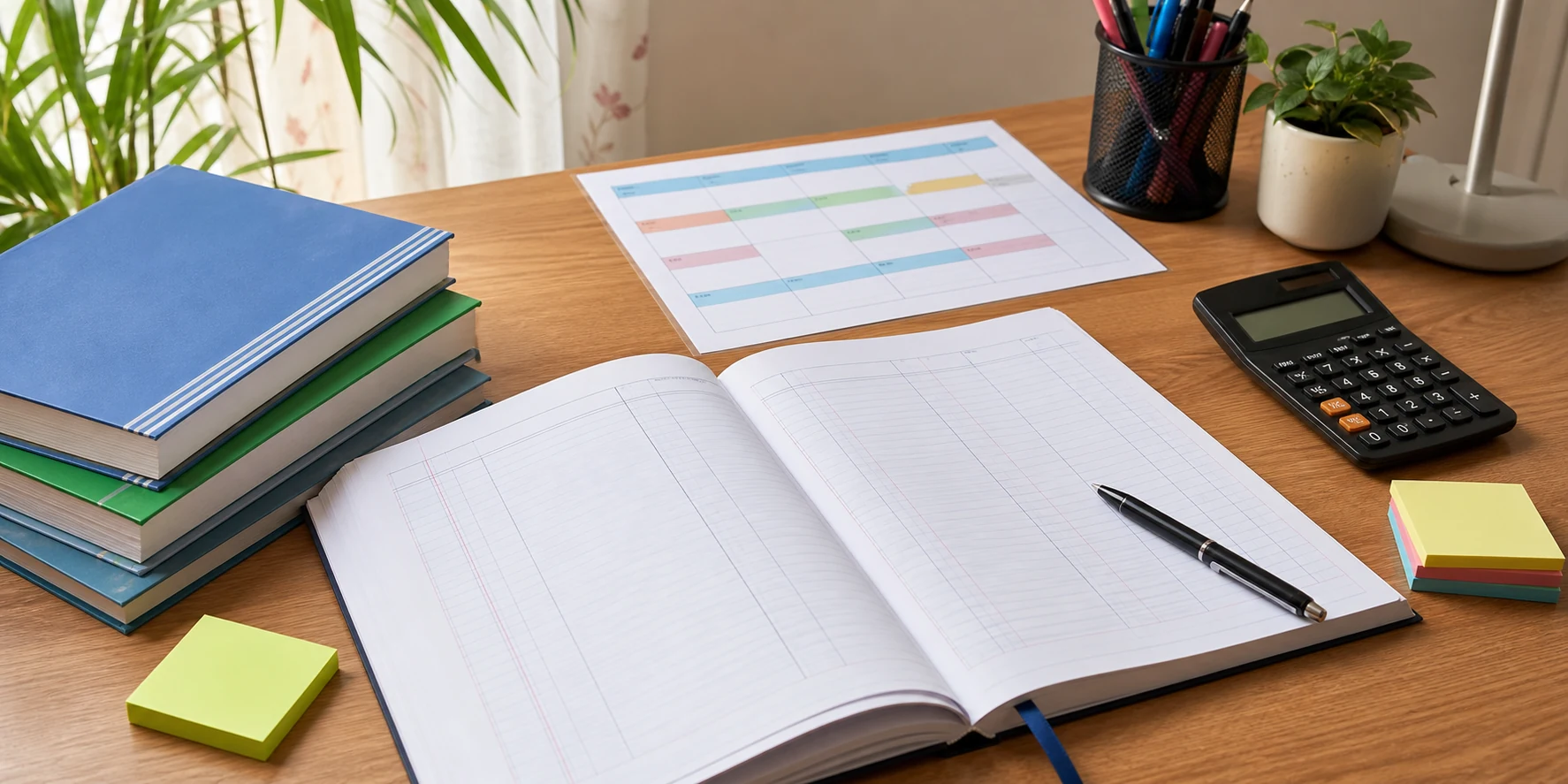 A Class 12 Accountancy notebook, calculator, pen, and practice planner arranged on a calm study desk