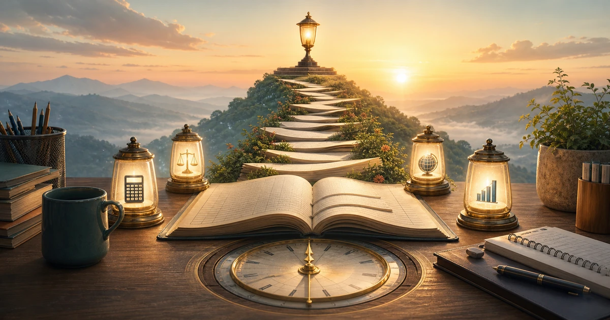 An open commerce ledger turning into a dawn path toward a lamp, with a clock compass and four study lanterns