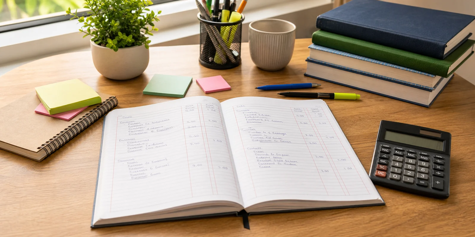 A Class 11 Accountancy notebook with journal entries, a calculator, and neatly arranged study notes on a desk