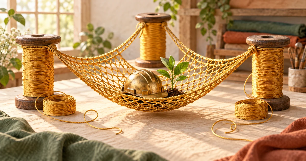Three wooden spools weave a golden safety net around a worker's helmet and a growing sapling.