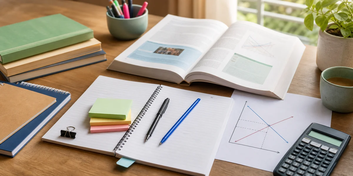 A neat Economics study desk with notebooks, pens, a calculator, and a printed graph sheet